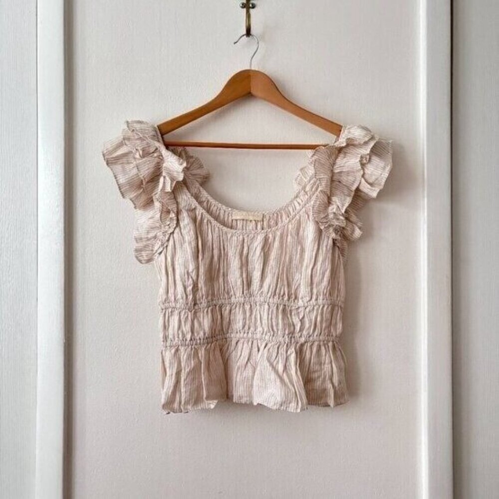 Ulla Johnson Paloma Ruffled Peplum Linen Top Neutral Sand - Picture 8 of 12